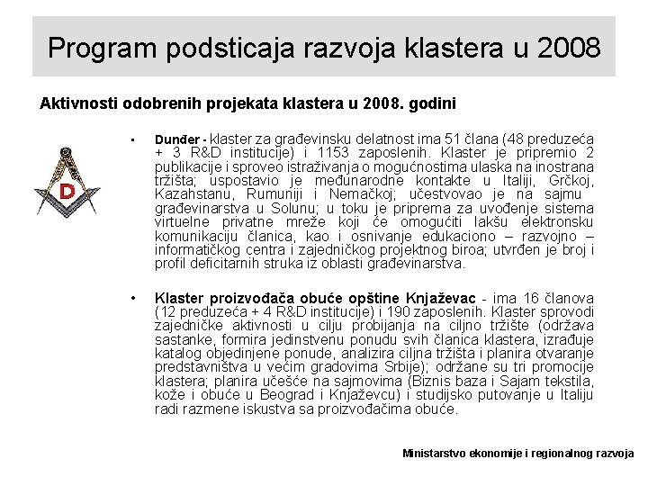 Program podsticaja razvoja klastera u 2008 Aktivnosti odobrenih projekata klastera u 2008. godini •