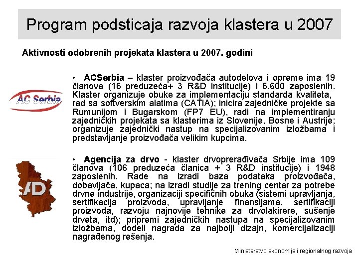 Program podsticaja razvoja klastera u 2007 Aktivnosti odobrenih projekata klastera u 2007. godini •