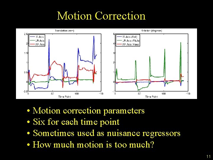 Motion Correction • Motion correction parameters • Six for each time point • Sometimes