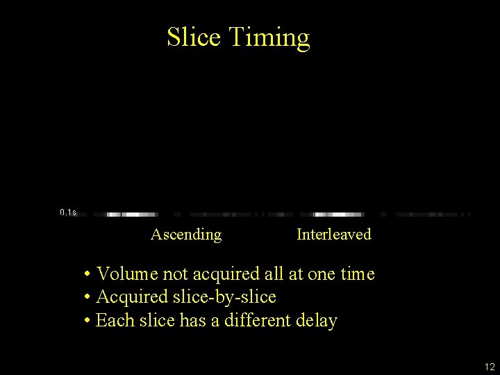 Slice Timing Ascending Interleaved • Volume not acquired all at one time • Acquired