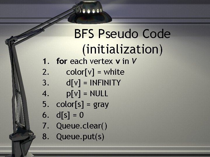 1. 2. 3. 4. 5. 6. 7. 8. BFS Pseudo Code (initialization) for each