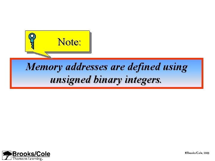 Note: Memory addresses are defined using unsigned binary integers. ©Brooks/Cole, 2003 Note: Memory addresses are defined using unsigned binary integers. ©Brooks/Cole, 2003