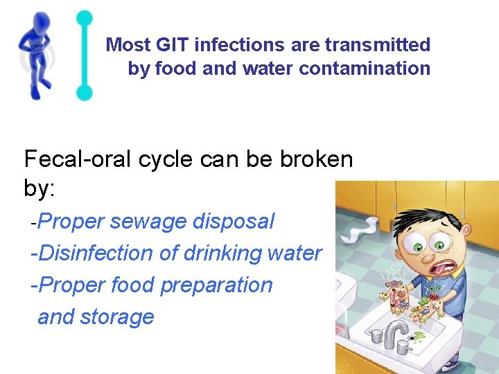 Most GIT infections are transmitted by food and water contamination Fecal-oral cycle can be