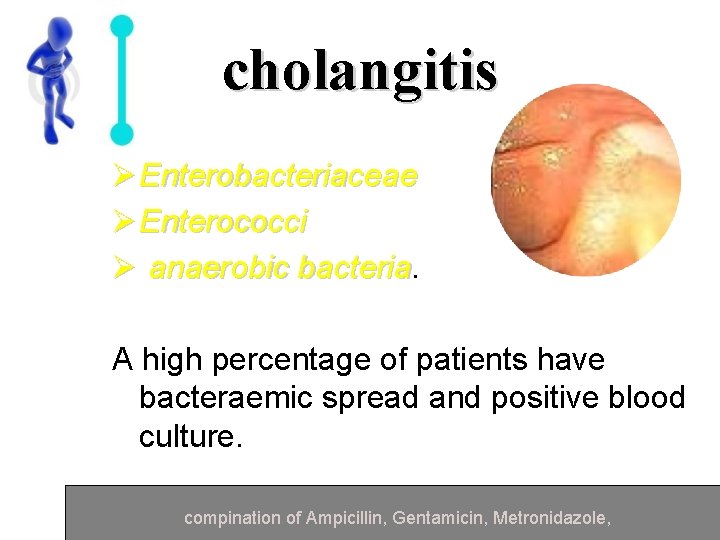 cholangitis Ø Enterobacteriaceae Ø Enterococci Ø anaerobic bacteria A high percentage of patients have
