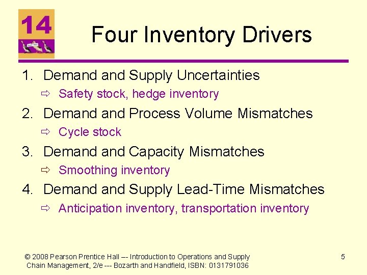 Four Inventory Drivers 1. Demand Supply Uncertainties Safety stock, hedge inventory 2. Demand Process