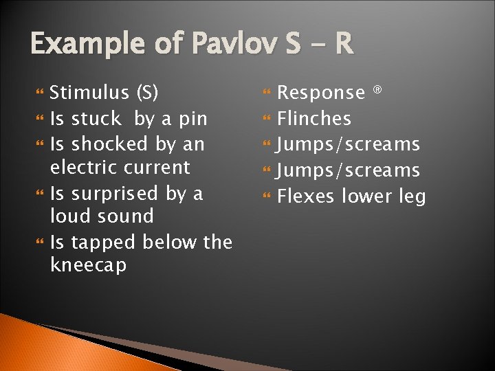 Example of Pavlov S - R Stimulus (S) Is stuck by a pin Is