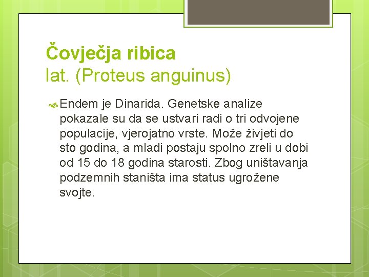 Čovječja ribica lat. (Proteus anguinus) Endem je Dinarida. Genetske analize pokazale su da se