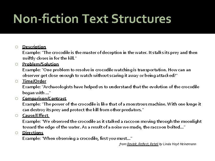 Non-fiction Text Structures Description Example: "The crocodile is the master of deception in the