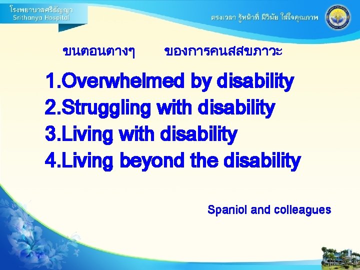 ขนตอนตางๆ ของการคนสสขภาวะ 1. Overwhelmed by disability 2. Struggling with disability 3. Living with disability