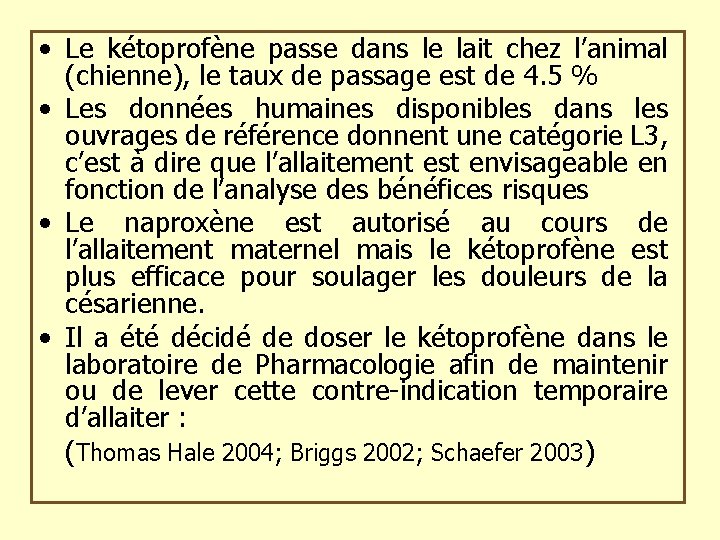  • Le kétoprofène passe dans le lait chez l’animal (chienne), le taux de