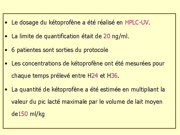  • Le dosage du kétoprofène a été réalisé en HPLC-UV. • La limite