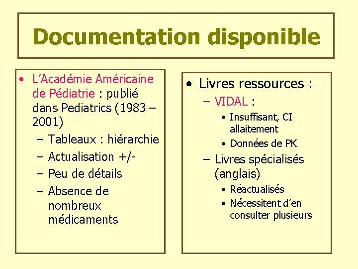 Documentation disponible • L’Académie Américaine de Pédiatrie : publié dans Pediatrics (1983 – 2001)