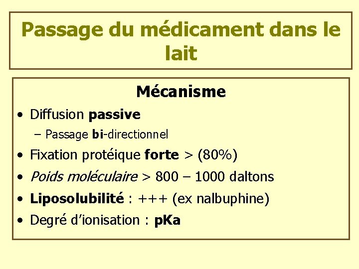 Passage du médicament dans le lait Mécanisme • Diffusion passive – Passage bi-directionnel •