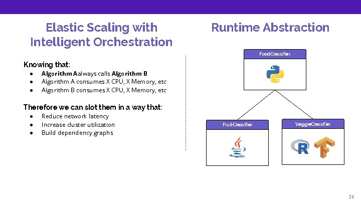 Elastic Scaling with Intelligent Orchestration Runtime Abstraction Food. Classifier Knowing that: ● ● ●