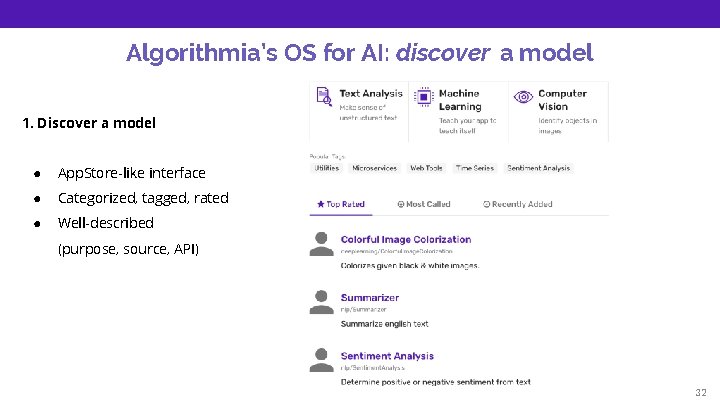 Algorithmia’s OS for AI: discover a model 1. Discover a model ● App. Store-like