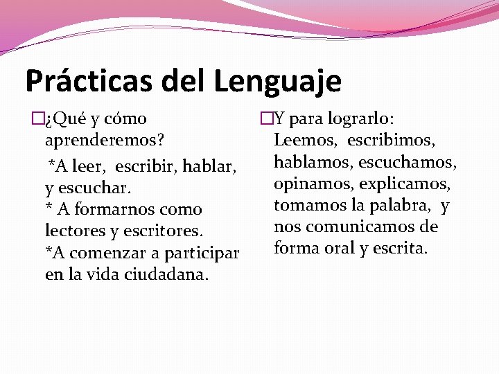 Prácticas del Lenguaje �Y para lograrlo: �¿Qué y cómo Leemos, escribimos, aprenderemos? hablamos, escuchamos,