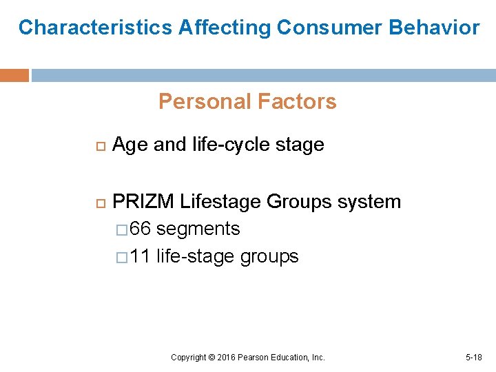 Characteristics Affecting Consumer Behavior Personal Factors Age and life-cycle stage PRIZM Lifestage Groups system