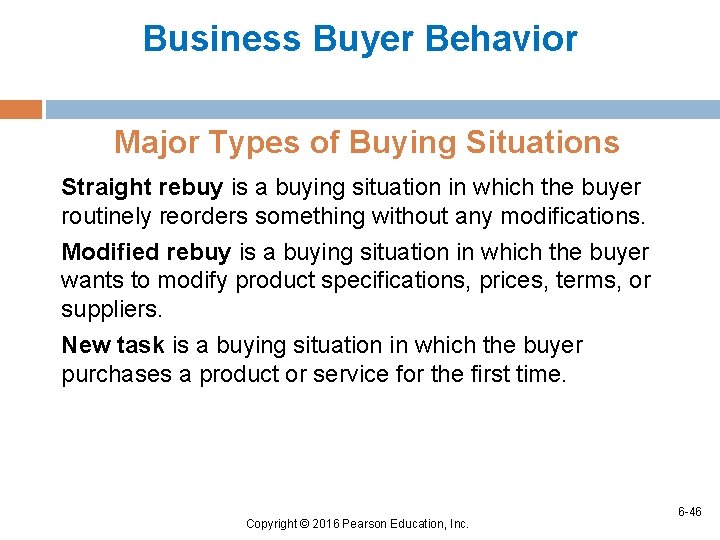 Business Buyer Behavior Major Types of Buying Situations Straight rebuy is a buying situation