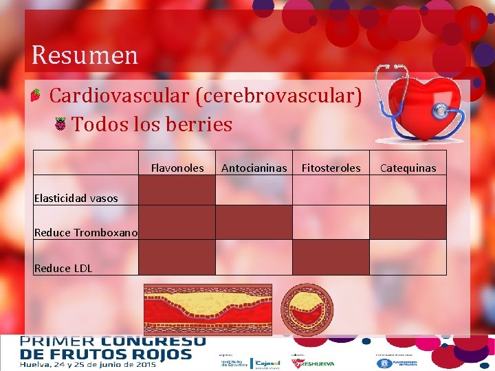 Resumen Cardiovascular (cerebrovascular) Todos los berries Elasticidad vasos Flavonoles Antocianinas Fitosteroles Catequinas Reduce Tromboxano