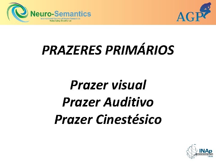 PRAZERES PRIMÁRIOS Prazer visual Prazer Auditivo Prazer Cinestésico 