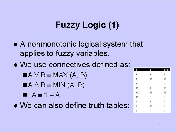 Fuzzy Logic (1) A nonmonotonic logical system that applies to fuzzy variables. l We