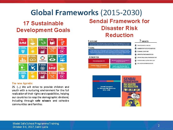 Global Frameworks (2015 -2030) 17 Sustainable Development Goals Sendai Framework for Disaster Risk Reduction