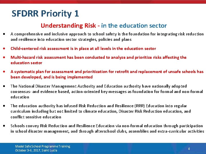 SFDRR Priority 1 Understanding Risk - in the education sector A comprehensive and inclusive