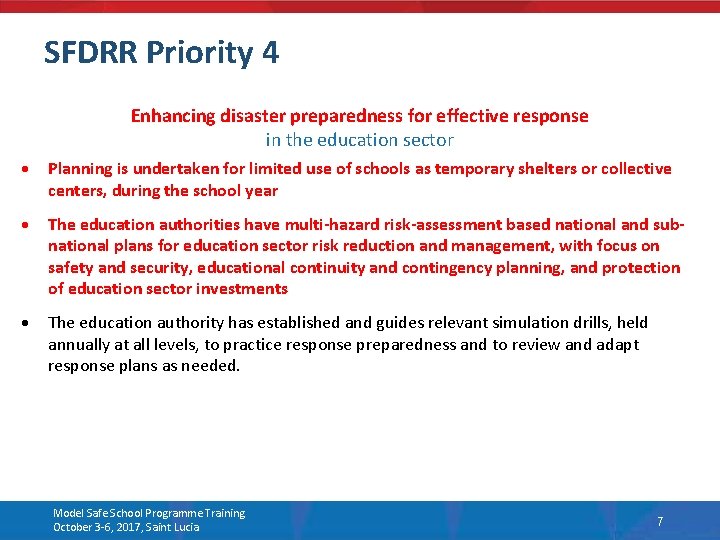 SFDRR Priority 4 Enhancing disaster preparedness for effective response in the education sector Planning