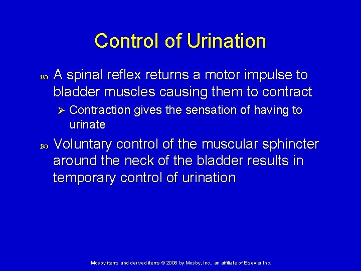 Control of Urination A spinal reflex returns a motor impulse to bladder muscles causing Control of Urination A spinal reflex returns a motor impulse to bladder muscles causing