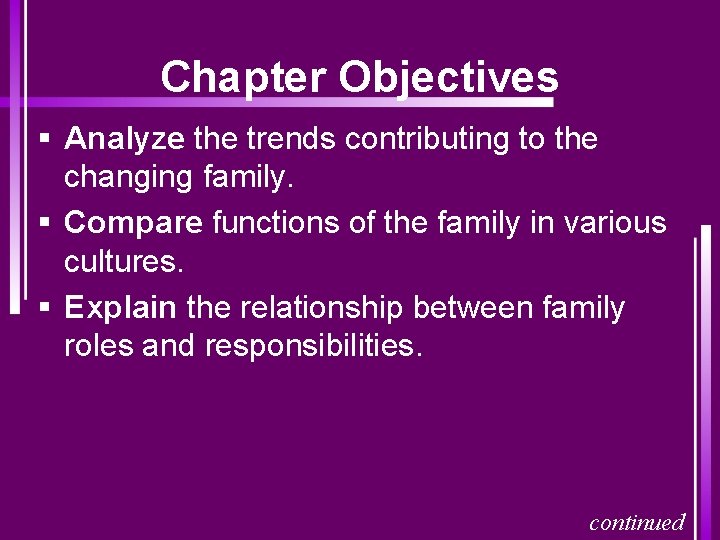 Chapter Objectives § Analyze the trends contributing to the changing family. § Compare functions