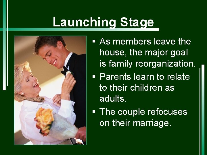 Launching Stage § As members leave the house, the major goal is family reorganization.