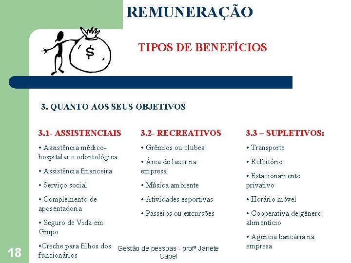 REMUNERAÇÃO TIPOS DE BENEFÍCIOS 3. QUANTO AOS SEUS OBJETIVOS 3. 1 - ASSISTENCIAIS 3.