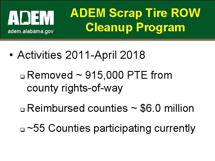 adem. alabama. gov ADEM Scrap Tire ROW Cleanup Program • Activities 2011 -April 2018