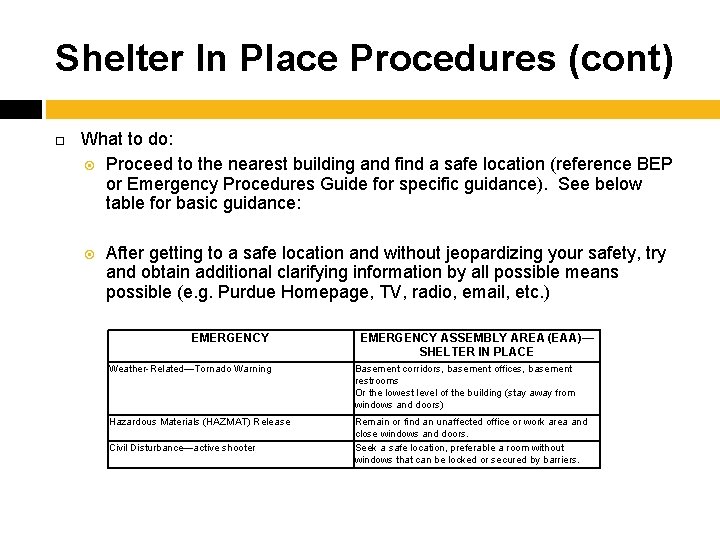 Shelter In Place Procedures (cont) What to do: Proceed to the nearest building and