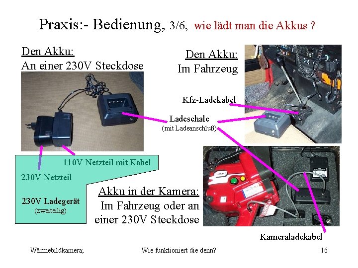 Praxis: - Bedienung, 3/6, Den Akku: An einer 230 V Steckdose wie lädt man
