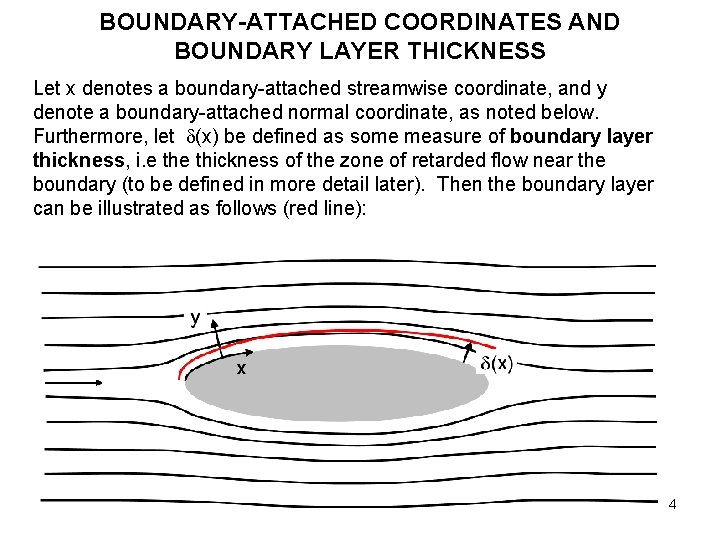 BOUNDARY-ATTACHED COORDINATES AND BOUNDARY LAYER THICKNESS Let x denotes a boundary-attached streamwise coordinate, and BOUNDARY-ATTACHED COORDINATES AND BOUNDARY LAYER THICKNESS Let x denotes a boundary-attached streamwise coordinate, and