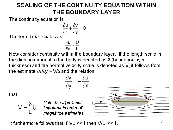 SCALING OF THE CONTINUITY EQUATION WITHIN THE BOUNDARY LAYER The continuity equation is The SCALING OF THE CONTINUITY EQUATION WITHIN THE BOUNDARY LAYER The continuity equation is The