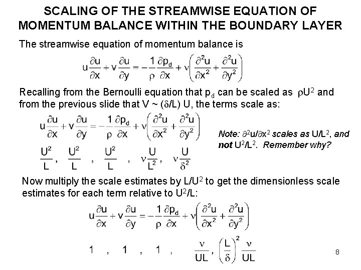 SCALING OF THE STREAMWISE EQUATION OF MOMENTUM BALANCE WITHIN THE BOUNDARY LAYER The streamwise SCALING OF THE STREAMWISE EQUATION OF MOMENTUM BALANCE WITHIN THE BOUNDARY LAYER The streamwise