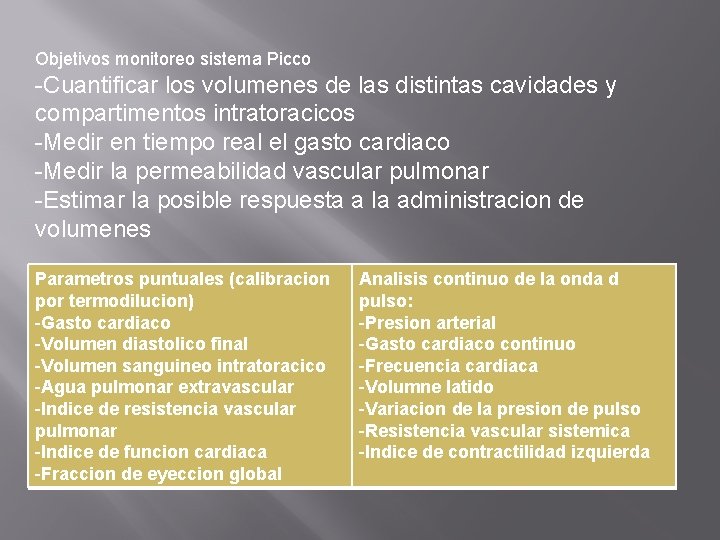 Objetivos monitoreo sistema Picco -Cuantificar los volumenes de las distintas cavidades y compartimentos intratoracicos