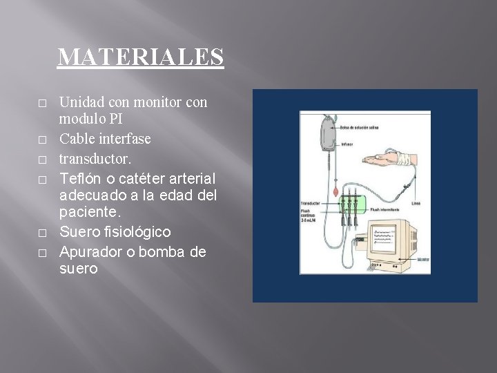MATERIALES � � � Unidad con monitor con modulo PI Cable interfase transductor. Teflón