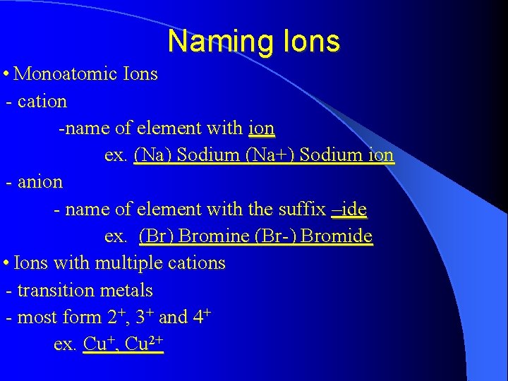 Naming Ions • Monoatomic Ions - cation -name of element with ion ex. (Na)