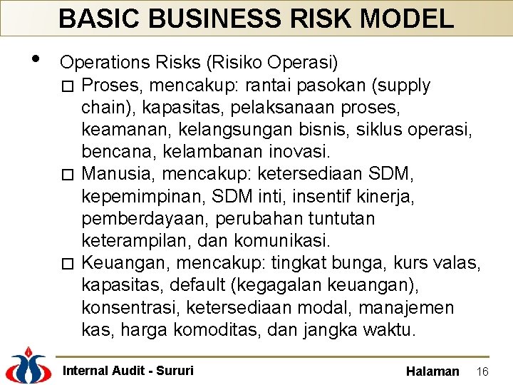 BASIC BUSINESS RISK MODEL • Operations Risks (Risiko Operasi) � Proses, mencakup: rantai pasokan