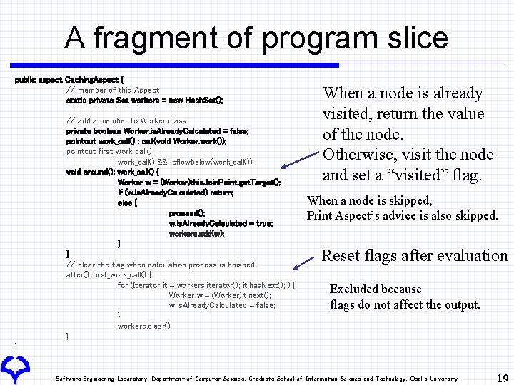 A fragment of program slice public aspect Caching. Aspect { // member of this