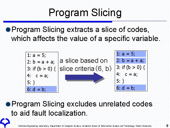 Program Slicing extracts a slice of codes, 　 which affects the value of a