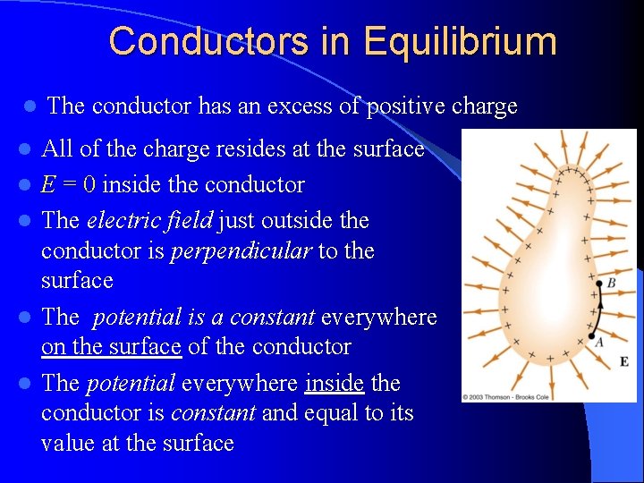 Conductors in Equilibrium l The conductor has an excess of positive charge l All