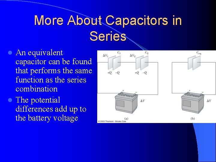 More About Capacitors in Series An equivalent capacitor can be found that performs the