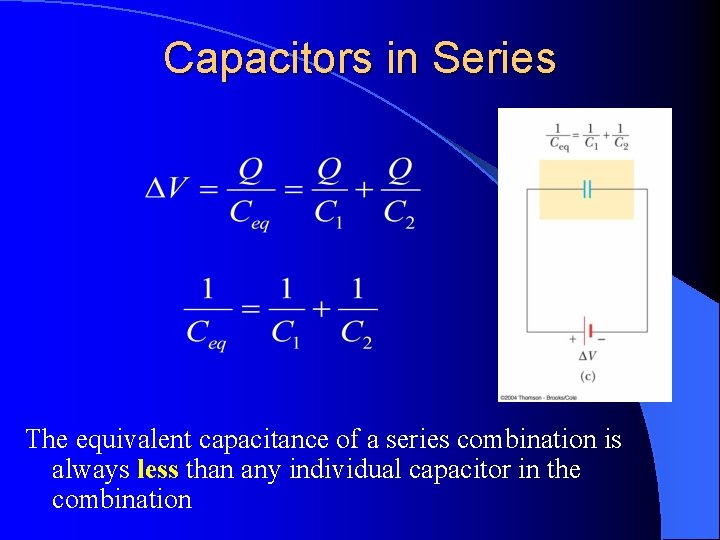 Capacitors in Series The equivalent capacitance of a series combination is always less than