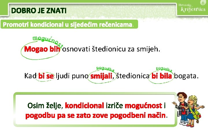 DOBRO JE ZNATI Promotri kondicional u sljedećim rečenicama. Mogao bih osnovati štedionicu za smijeh.
