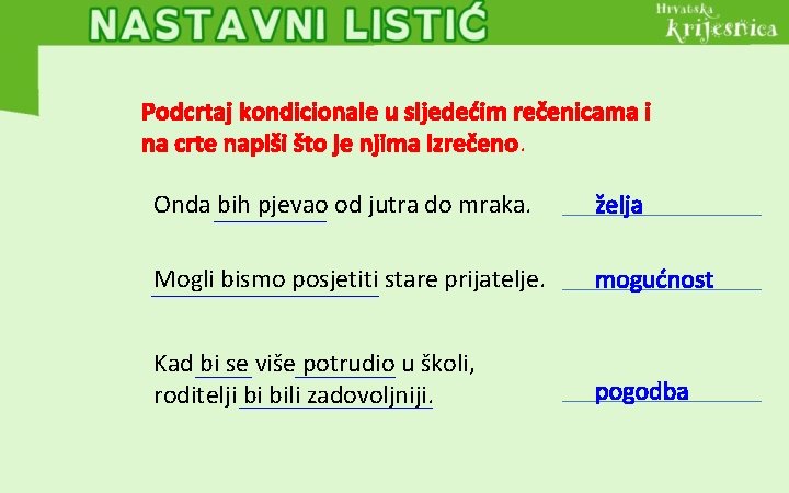 Podcrtaj kondicionale u sljedećim rečenicama i na crte napiši što je njima izrečeno. Onda