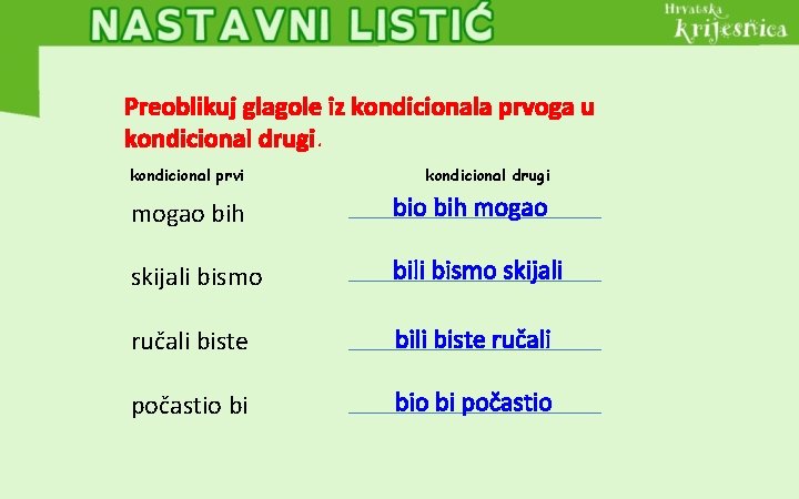 Preoblikuj glagole iz kondicionala prvoga u kondicional drugi. kondicional prvi kondicional drugi mogao bih